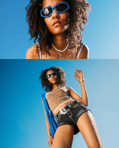 The ad features a woman modeling a pair of sunglasses against a bright blue background in a vertically-split image forma