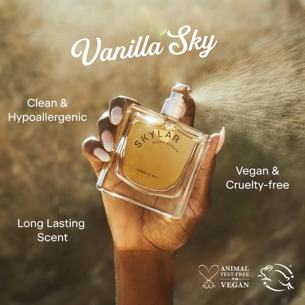 This image ad features Skylar's Vanilla Sky perfume, highlighting its clean, hypoallergenic, vegan, cruelty-free, an