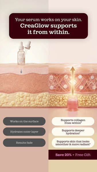 This ad highlights the benefits of CreaGlow and shows the difference between the product and typical serums.