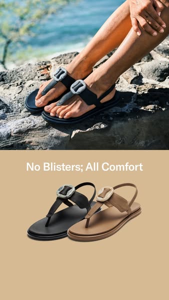 This ad showcases two different colors of the same sandal. The ad highlights the comfort of the sandal.