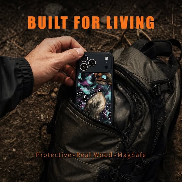 This ad for a phone case features the product in a rugged, natural environment. The focus is on showcasing the durabilit