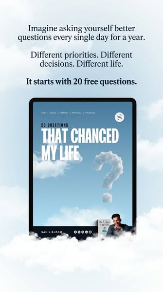 This image ad promotes a product offering 20 free questions designed to improve different aspects of the viewer's li