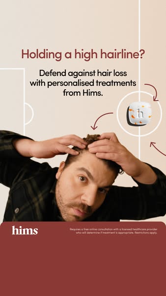 This image ad highlights the problem of a receding hairline and presents Hims' personalized treatments as the soluti