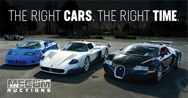 This image ad for Mecum Auctions showcases three high-end luxury cars. The ad highlights the brand’s auctions as the pla