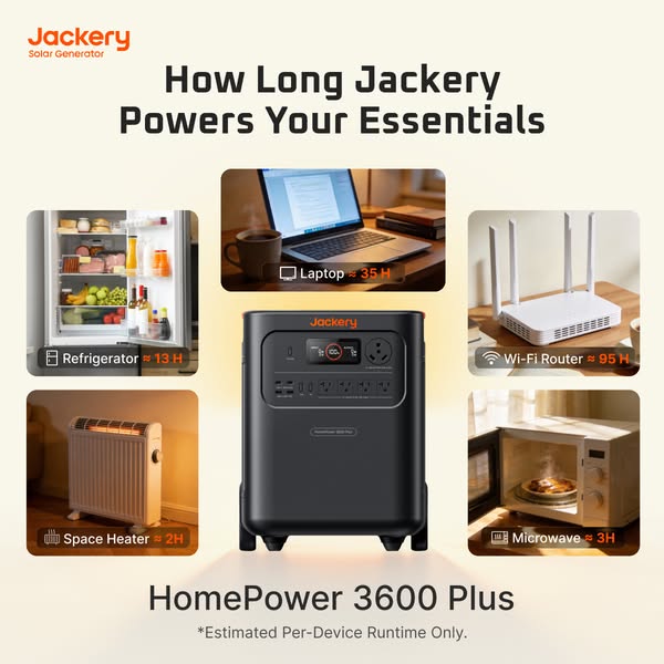 The ad showcases the Jackery HomePower 3600 Plus and its ability to power essential home appliances for extended periods