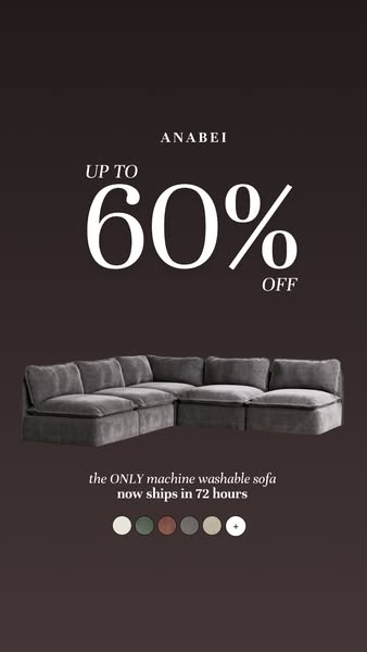 This ad promotes Anabei's machine washable sofa and highlights that it ships in 72 hours. The ad features a discount