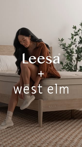 This ad promotes a collaboration between Leesa and West Elm, featuring a woman sitting on a bed.