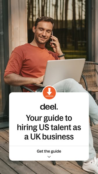 This ad promotes a guide for UK businesses looking to hire US talent, featuring a man working remotely.