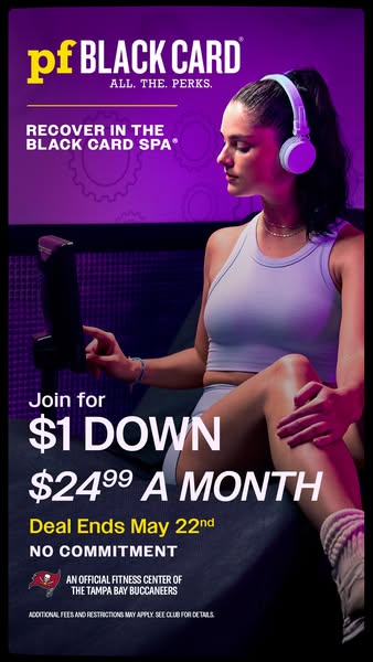 This image ad for Planet Fitness features a woman relaxing in a massage chair and wearing headphones. The ad promotes a 