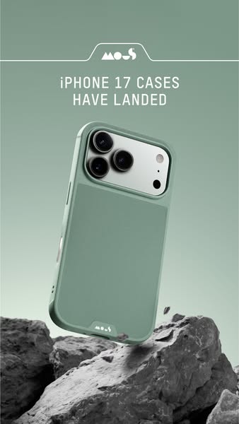 This ad showcases the latest iPhone 17 cases from the brand Moos, emphasizing their modern design and protective feature