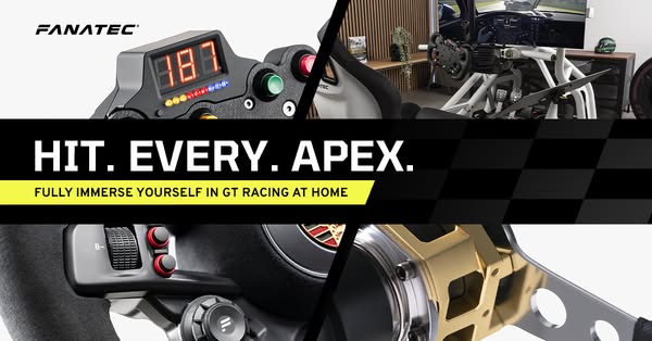 This image ad is for Fanatec, featuring GT racing equipment. The ad highlights the immersive experience of GT racing at 