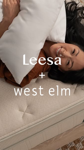 This ad announces a partnership between Leesa and West Elm. It features a woman smiling while lying on a Leesa mattress 