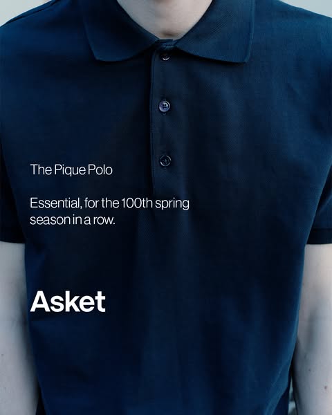 This image ad showcases a blue pique polo shirt from Asket, emphasizing its timeless and essential nature for spring fas