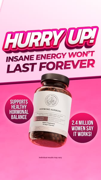 This ad promotes Happy Mammoth Hormone Harmony capsules for healthy hormonal balance with the urgency that insane energy
