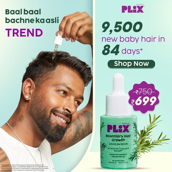 This ad for Plix Rosemary Hair Growth serum features a man with short hair and a beard. The ad highlights the serum'