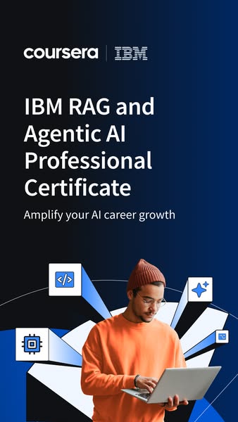 This ad promotes an IBM RAG and Agentic AI Professional Certificate offered through Coursera. The ad features a man work