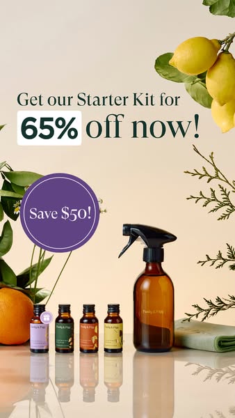An advertisement for a starter kit for cleaning products. The ad highlights the significant discount of 65% off, emphasi