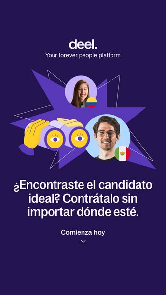 This ad for Deel features a graphic of binoculars looking at two people with country flags next to their faces. The ad a