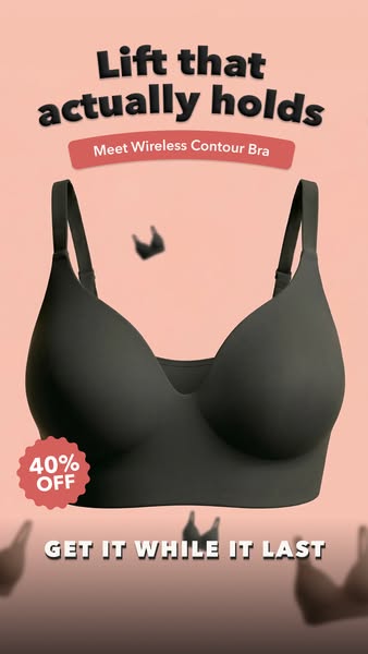 This ad promotes a wireless contour bra, emphasizing its supportive lift. It uses a simple visual style with text callou