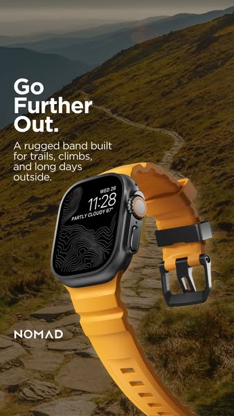 This image ad for Nomad features their rugged Apple Watch band, emphasizing its durability and suitability for outdoor a