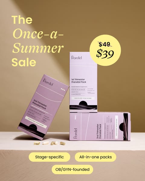 This image ad promotes Perelel Prenatal Packs for each trimester of pregnancy. It highlights a limited-time summer sale 