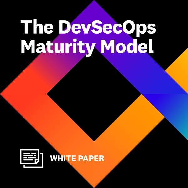 This ad promotes a white paper on the DevSecOps Maturity Model. It uses a visually striking design with a geometric shap