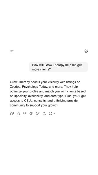 This ad uses a screenshot of a text message to highlight the benefits of using Grow Therapy to get more clients.