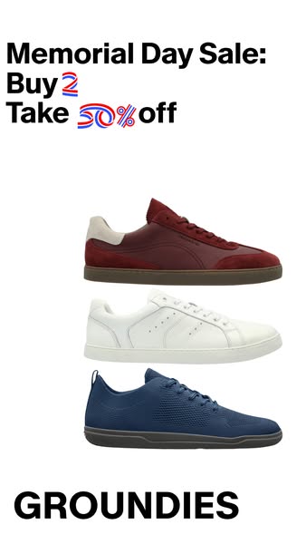 This ad promotes Groundies shoes with a Memorial Day sale offering 50% off when you buy two pairs.