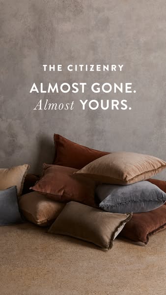 This ad for The Citizenry features a pile of throw pillows in muted tones and uses the headline "Almost Gone. Almos