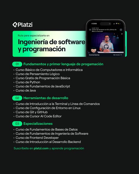 This ad promotes Platzi's software engineering and programming specialization route, highlighting key courses and en