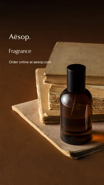 This ad showcases an Aesop fragrance bottle next to a stack of books. The ad prompts viewers to order online at aesop.co