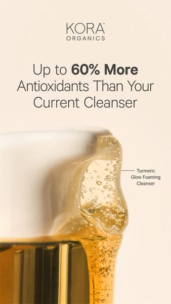 Image ad for Kora Organics cleanser, claiming more antioxidants than your current cleanser. The ad features a close up i