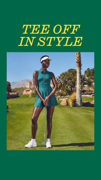 This image ad features a woman on a golf course in a green golf dress. The ad is promoting the dress by showing it in a 