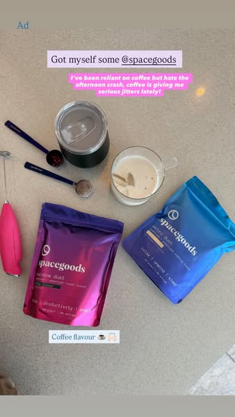 This ad showcases Spacegoods' coffee alternative products, highlighting their benefits over traditional coffee throu