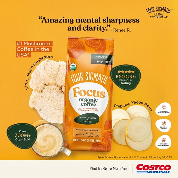 This image ad for Four Sigmatic Focus Organic Coffee highlights the product's mental clarity and energy benefits, fe