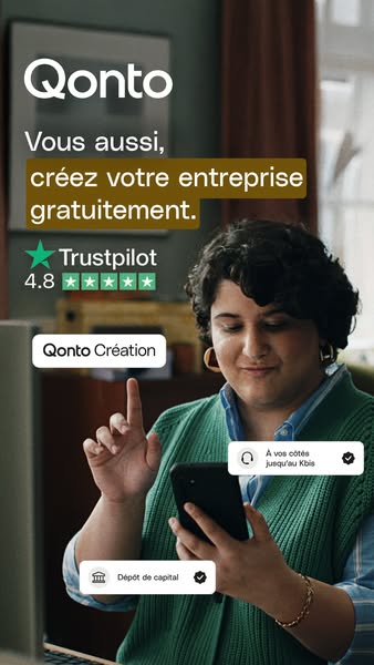 This ad promotes Qonto, a service that helps people create their own businesses for free. The ad features a woman holdin