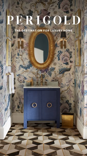 This image ad showcases a stylish and luxurious bathroom vanity and gold colored accents from Perigold, aiming to inspir