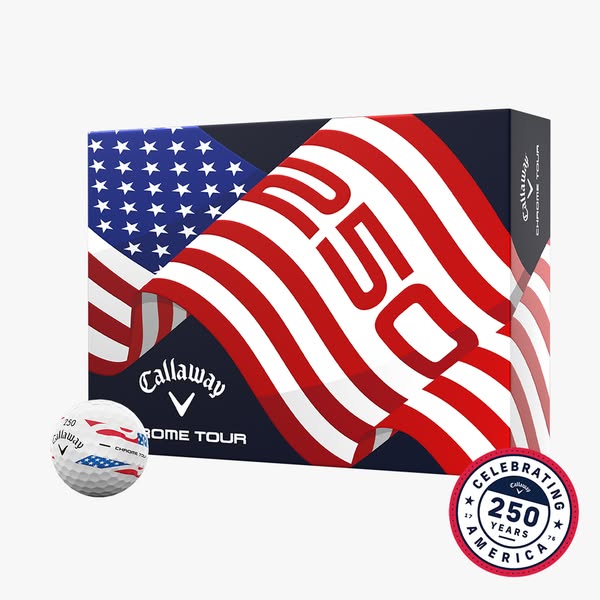 The ad showcases a box of Callaway Chrome Tour golf balls. The packaging prominently features an American flag design to
