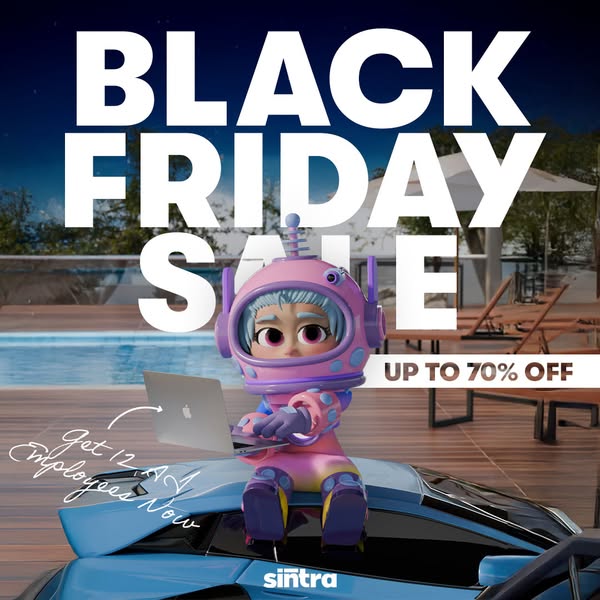 This ad features a cartoon astronaut using a laptop sitting on a car advertising a Black Friday sale up to 70% off.
