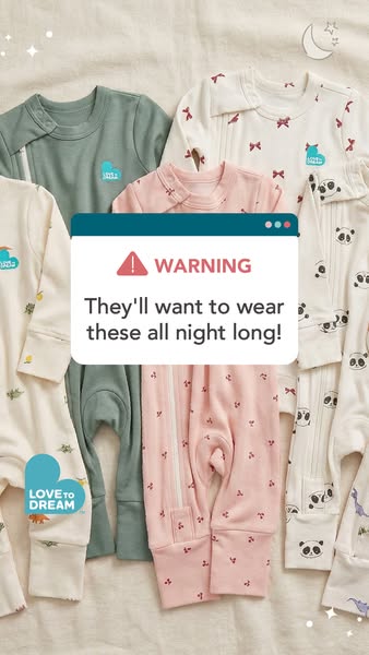 This ad showcases Love to Dream sleepwear for children and infants. In the foreground of the image are multiple sleepers