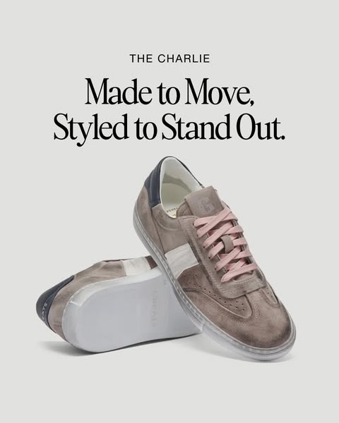 This ad showcases a pair of "The Charlie" sneakers, emphasizing their style and comfort.