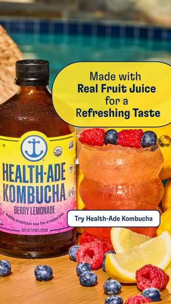 This ad showcases Health-Ade Kombucha Berry Lemonade in a refreshing poolside setting, emphasizing its real fruit juice 