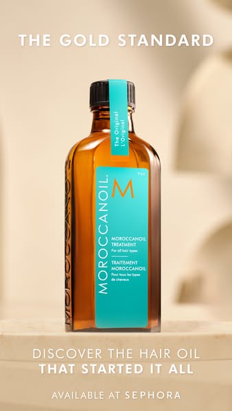 This ad showcases Moroccanoil Treatment as "the gold standard" hair oil, highlighting its long-standing presen