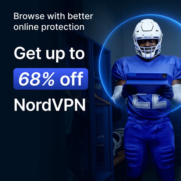 This image ad for NordVPN features a football player in a locker room setting, using a tablet. The ad promotes online pr