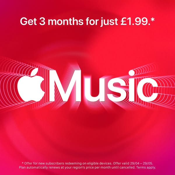 This image ad promotes Apple Music by offering new subscribers 3 months of service for £1.99, valid for redemption on el