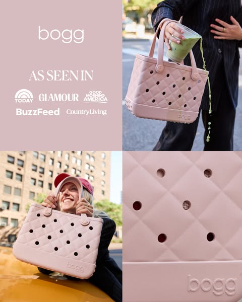 This ad features a pink Bogg Bag and highlights its popularity by showing it featured in various publications.