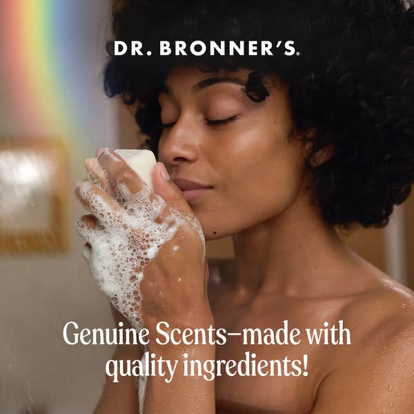 This ad for Dr. Bronner's soap features a woman in the shower using the product. The ad highlights the genuine scent