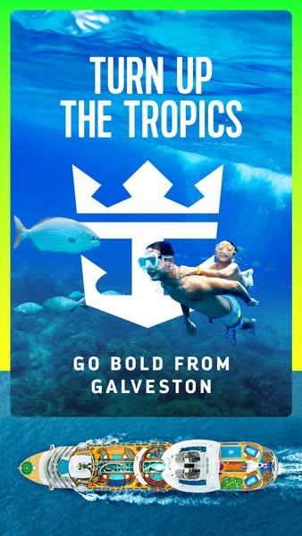 This image ad for Royal Caribbean promotes cruises departing from Galveston, Texas, featuring an underwater scene with p