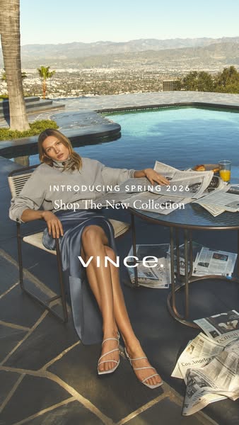 This ad features a woman relaxing by a pool wearing clothes from the new Vince collection.