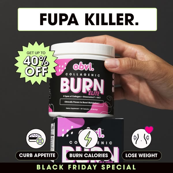 This image ad promotes Obvi's collagenic burn elite supplement, highlighting its benefits for curbing appetite, burn